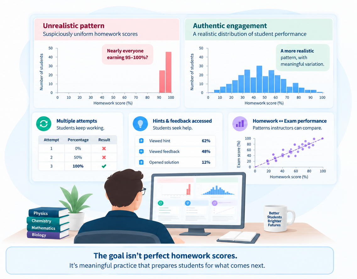 Instructor analytics illustrating varied homework performance, repeated attempts, use of hints and feedback, and comparison of homework and exam performance.